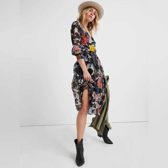 Lucky Brand Abstract Floral Midi Wrap Dress Size XS - Picture 2 of 11